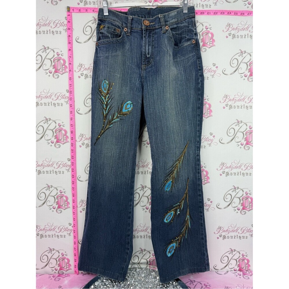 Department of peace Embroidered Peacock Feather Wide-Leg Women Jeans - Blue